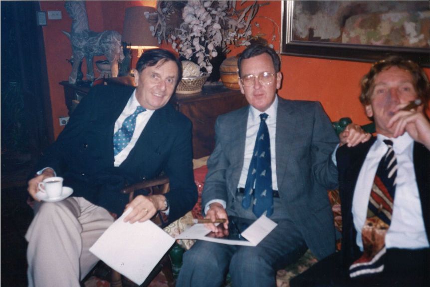 L to R: Barry Humphries, James Fairfax and Edmund Capon, late at night
