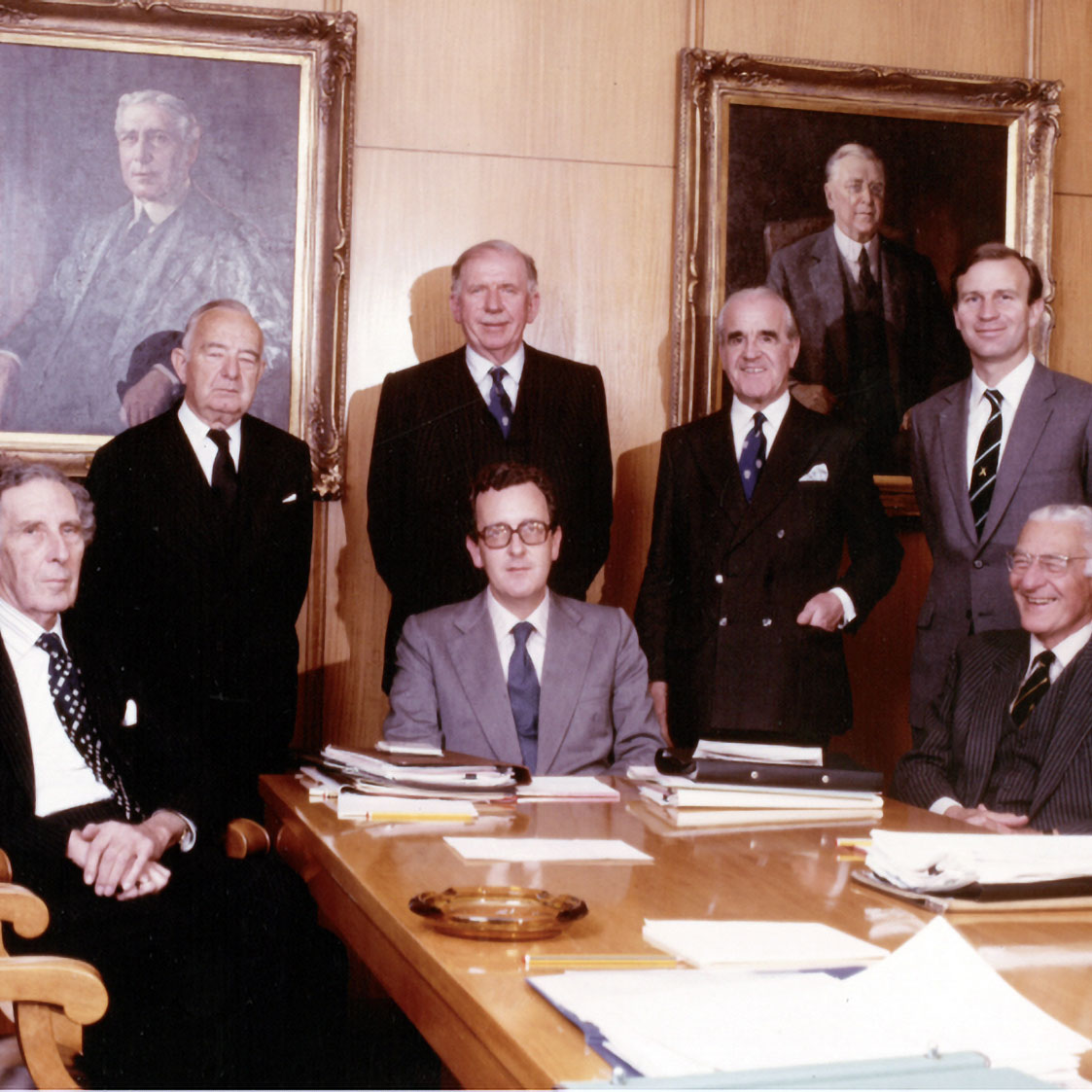 John Fairfax and Sons Board: from L: Sir Warwick Fairfax, Bob Falkingham, Sir David Griffin, James, Arthur Lissenden, John B Fairfax, Sir Vincent Fairfax. 1980.