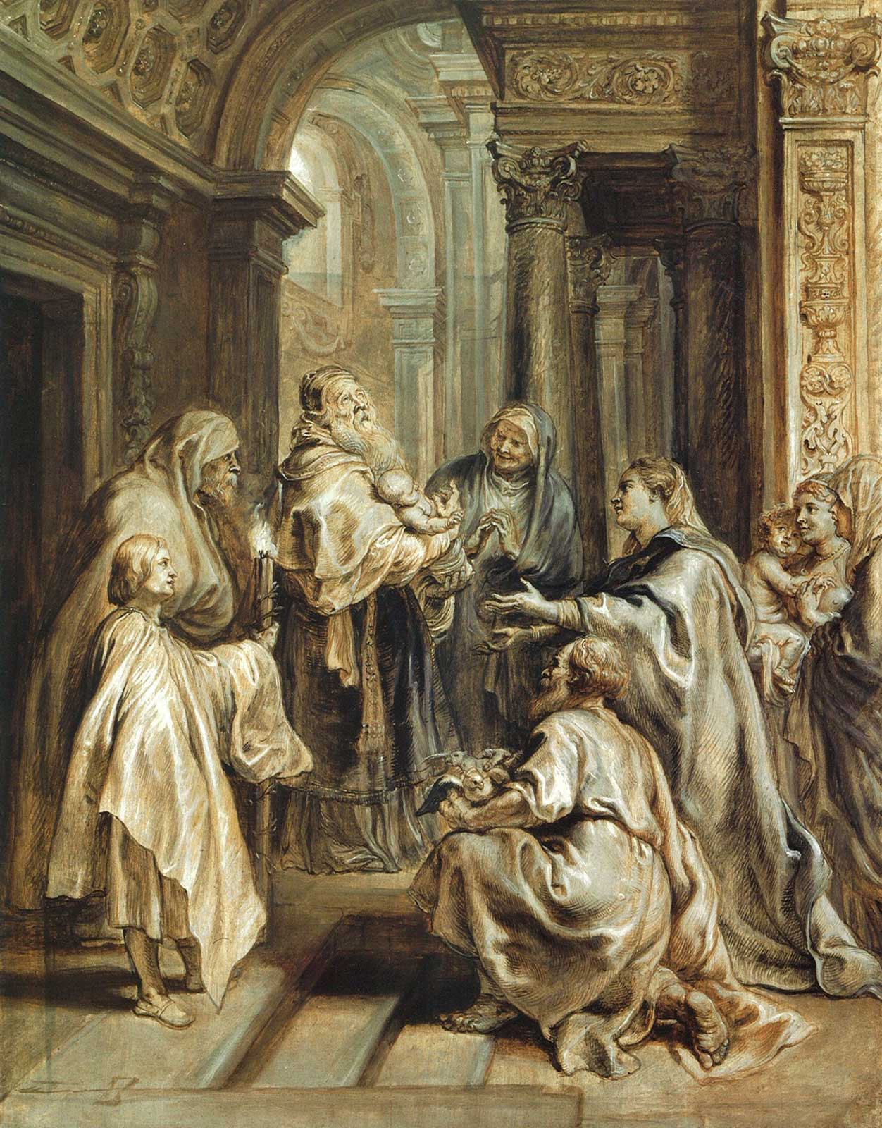 Flanders Sir Peter Paul Rubens (Flanders, b.1577, d.1640) The Presentation in the Temple circa 1632-circa 1633 oil on oak panel, 63.5 x 49.6 x 0.3 cm Art Gallery of New South Wales Gift of Bridgestar Pty Ltd an investment company of the Late James Fairfax AC 2021. Donated through the Australian Government's Cultural Gifts Program Photo: AGNSW 93.2021