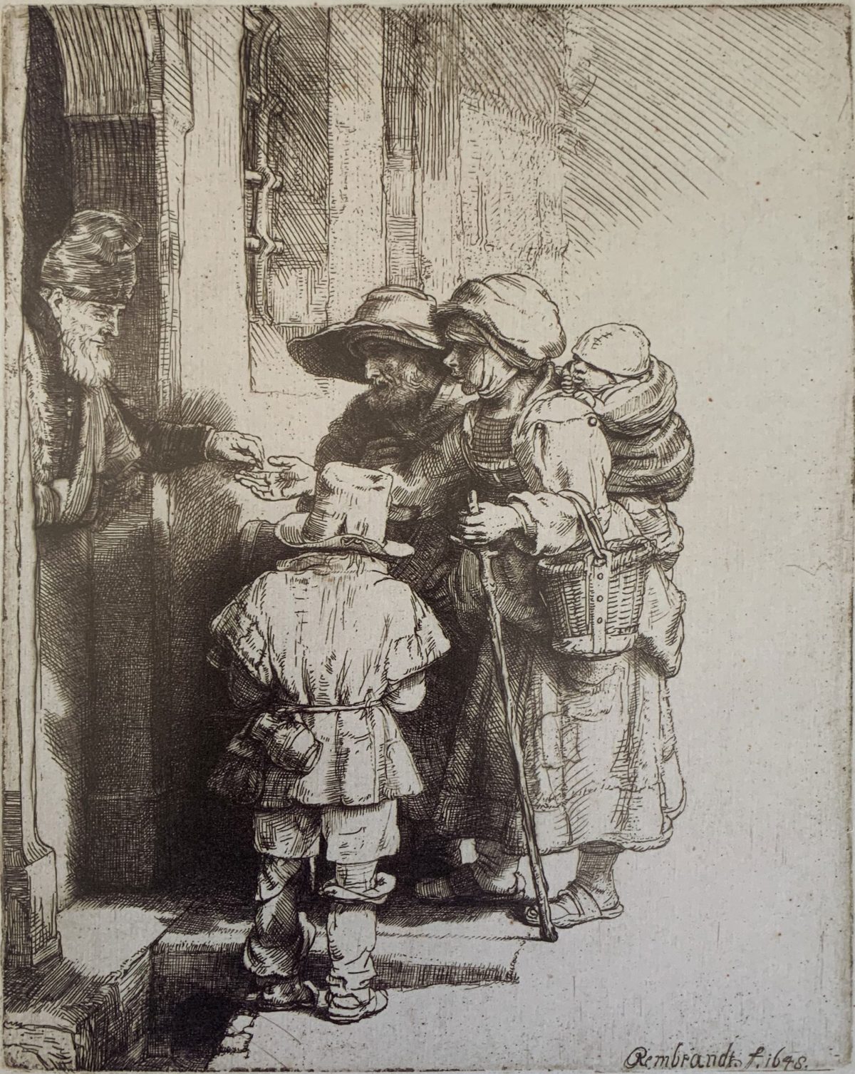 Rembrandt, Beggars receiving alms at the door of a house, 1648.